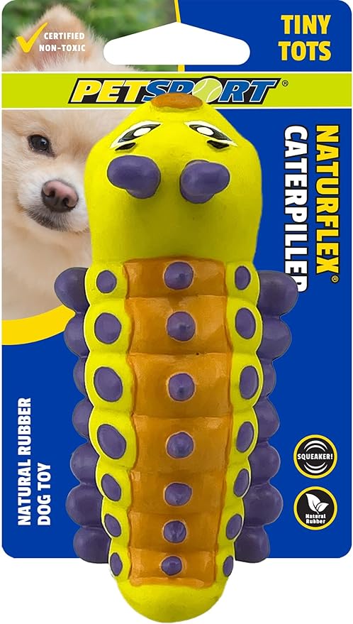 PetSport Naturflex Tiny Tots Small Caterpillar Latex Dog Chew Toy | All-Natural Soft, Squeaky, Non-Toxic Rubber Chew Toy | Safe for Indoor Play | 4.5"