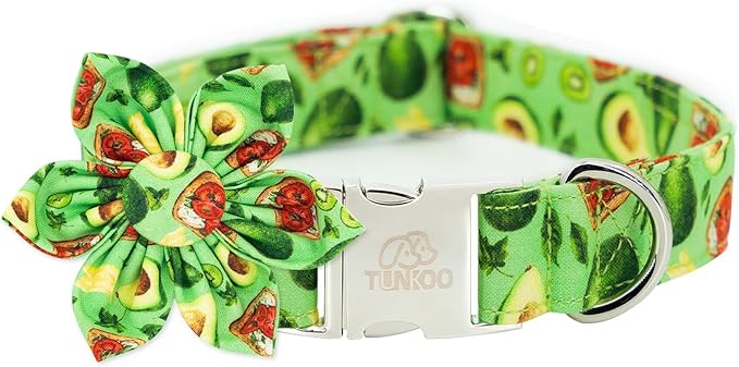 Tunkoo Dog Collar Avocado Floral Bow Tie Unique Style Super Soft Comfy Adjustable Cotton Collar with Premium Metal Buckle, for Puppy and Cat Small Medium Large Pet Supplies（Avocado，Flower, M）