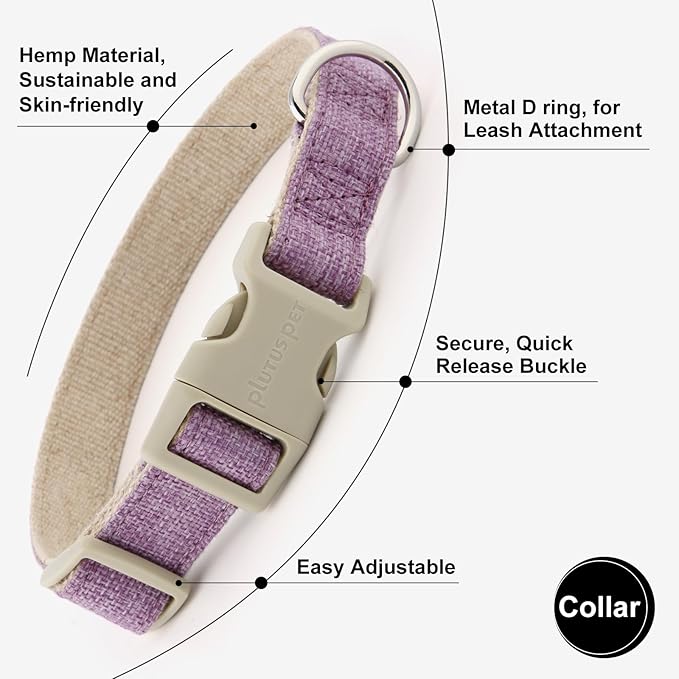 Plutus Pet Cotton Hemp Dog Collar and Leash Set, Adjustable Collar for Small, Medium, and Large Dogs, Heavy Duty and Soft on Skin, Lavender, S
