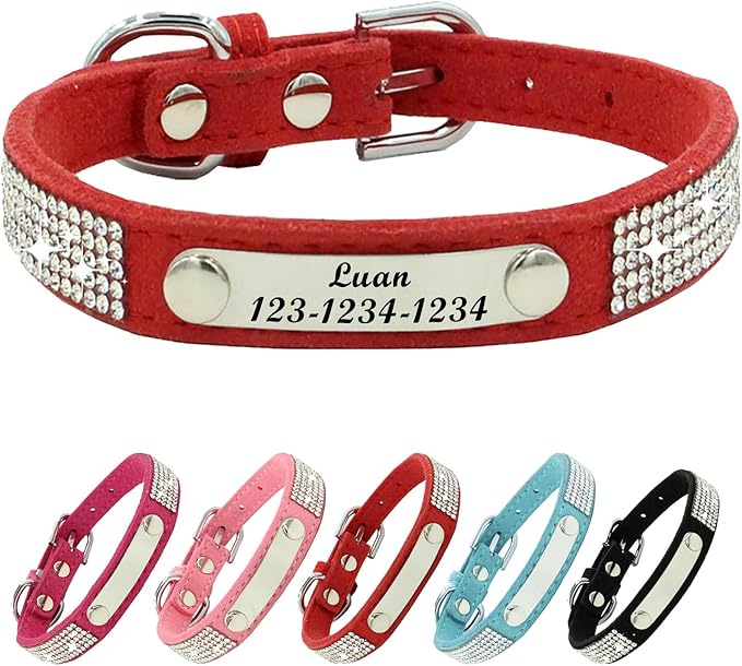 Personalized Dog Collar with Rhinestone Name Tag - Glitter Polyester Collar Adjustable [Red，L]