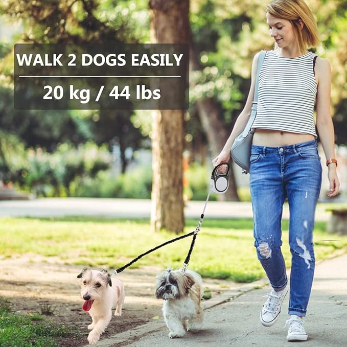 Dual Retractable Dog Leash for Walking 2 Small Dogs(Up to 44 Lbs Each) - Double Headed 16ft Extendable Pet Leash with Poop Bags, Non Slip Grip, One Button Control, 360 Tangle-Free (Gray, Medium)