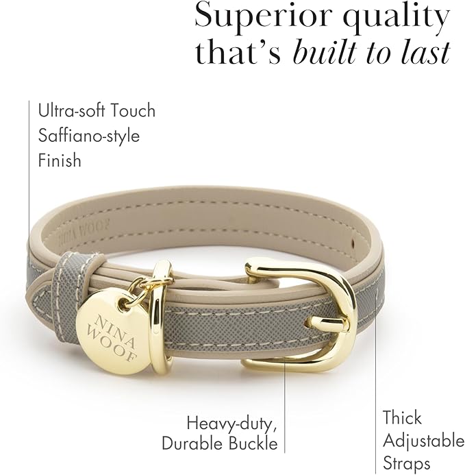 Nina Woof London Vegan Leather Dog Collar - Luxury Cute Dog Collar Adjustable Buckle Collar for Dogs, Dog Collar for Small Dogs to Dog Collar for Large Dogs - Padded Grey Over Beige, Medium