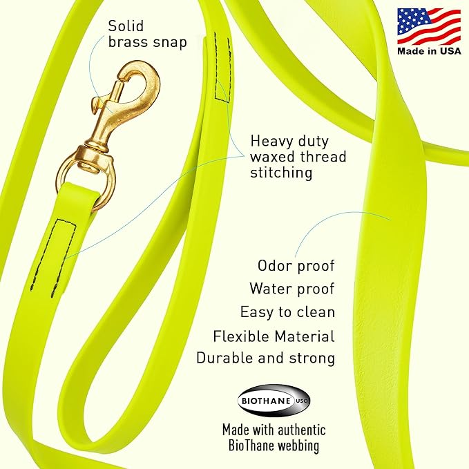 Viper Biothane K9 Working Dog Leash Waterproof Lead for Tracking Training Schutzhund Odor-Proof Long Line with Solid Brass Snap for Puppy Medium and Large Dogs, 33ft Safety Yellow