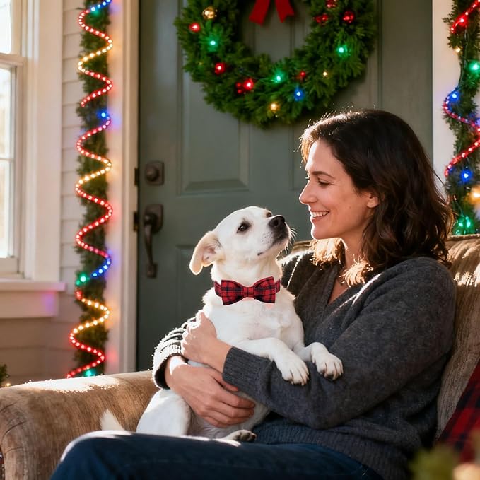 DOGWONG Christmas Dog Collar with Bow Tie, Red Plaid Dog Collar Durable Metal Buckle Adjustable Soft & Cute Red Gingham Dogs Collars for Small Medium Large Dogs, M