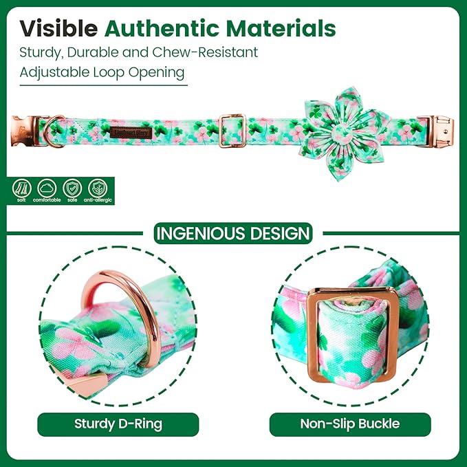 Lionheart glory St. Patrick's Day Dog Collar with Flower - Lucky Clover Shamrock Dog Collar for X-Small Dogs Puppy Green Pink Spring Trefoil Collars Soft Adjustable Collars