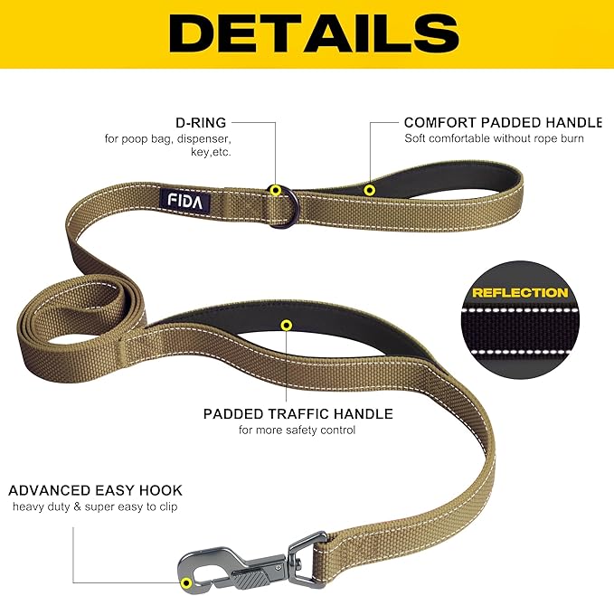Fida 5 FT Heavy Duty Dog Leash with 2 Comfortable Padded Handles, Traffic Handle & Advanced Easy Snap Hook, Reflective Walking Lead for Large, Medium & Small Breed Dogs, Brown