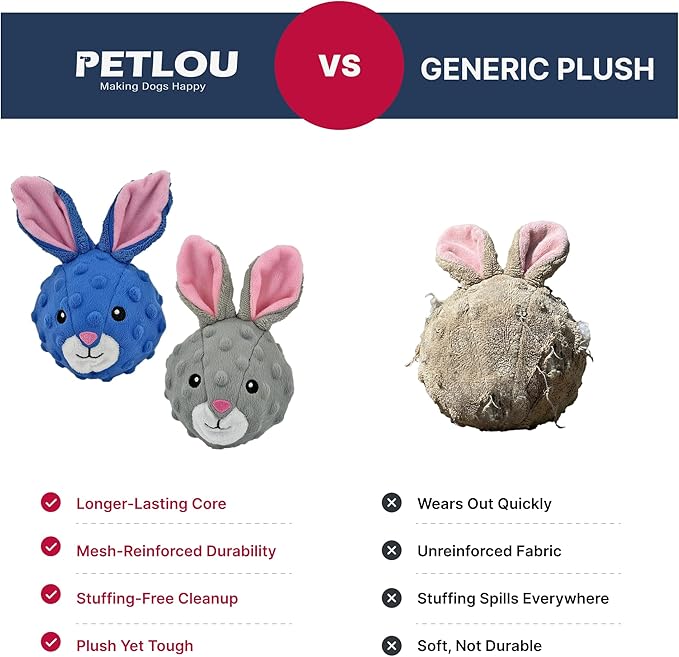Pet Lou 4-Inch Rabbit Plush EZ Squeaky Ball Dog Toy, Set of 2, Lightweight Portable Plush Squeaky Dog Toys with TPR Core, Stuffing-Free, for All Breed Sizes