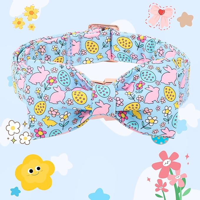 DOGWONG Easer Dog Collar with Bow,Blue Bunny Easter Dog Collars, Adjustable Durable Soft Flower Easter Dog Collar for Male Female Puppy,XL