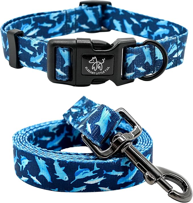 Elegant little tail Dog Collar with Leash, Shark Print Pet Collar Leash Adjustable Collar for Small Medium Large Dogs Soft Puppy Collars with Quick Release Buckle Girl Boy Dog Collars