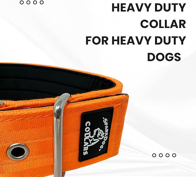 SparkDog Collars Working Dog Collar - 2" 4ply Padded Dog Collar Heavy Duty Stainless Steel Tactical Seatbelt Wide Buckle Collar (Orange 2.0, 16-21" Large)