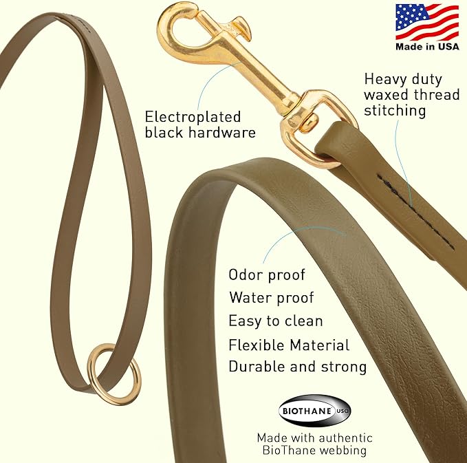 Viper Biothane K9 Working Dog Leash Waterproof Lead for Tracking Training Schutzhund Odor-Proof Long Line with Solid Brass Snap for Puppy Medium and Large Dogs 6ft, Coyote Brown