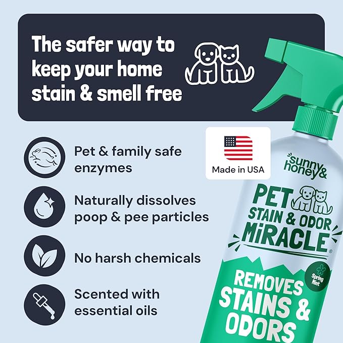 Sunny & Honey Pet Stain & Odor Miracle - Fast Acting Carpet Cleaner - Enzyme Spray for Carpets, Mattresses & Upholstery - Rug Shampoo - Dog Pee Cleaner & Surface Odor Remover (32 fl oz, Spring Mint)