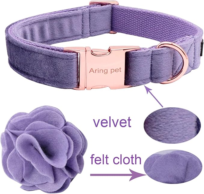 ARING PET Velvet Dog Collars, Purple Soft Pet Collar with Detachable Felt Flower Metal Buckle for Puppy Small Medium Large Boy Girl Dogs-XS