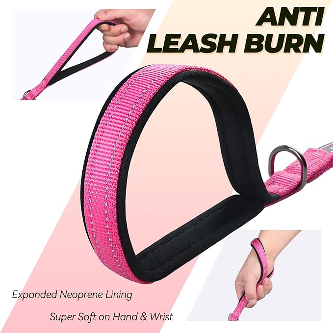 VIVAGLORY Dog Leash Lighthook Double Handle Dog Leash with Traffic Handle & Locking Carabiner for Walking & Training, Traffic Control Lightweight Carabiner for Puppy Pet, 5ft x 1/2in, Pink