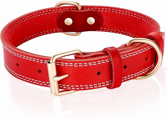 Genuine Leather Dog Collar,Heavy Duty Dog Collar for Small,Medium,Large and Extra Large Dog (S: 0.8" Wide for 13.4"-15.8" Neck, Dual Stitch - Red)