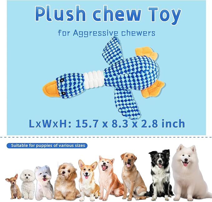 Squeaky Dog Toys for Small, Medium, and Large Breeds, Stuffed Chew Dog Toys to Keep Them Busy, Blue Duck