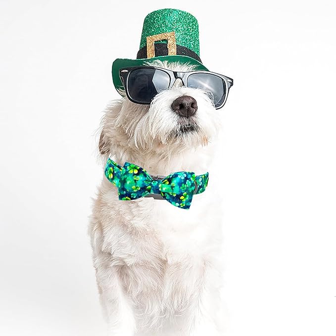 Elegant little tail St Patrick's Dog Collar, Green Cute Colver Cotton Shamrock Pet Collar Trefoil Puppy Collar Bow Holiday Adjustable Cotton Pet Collar for Small Medium Large Dogs