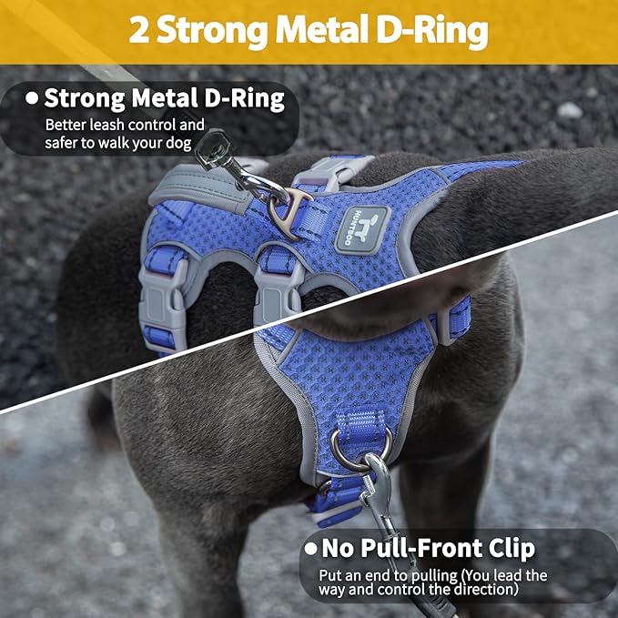 Huntboo Escape Proof Dog Harness, No Pull Reflective Harness with Lift Handle, Adjustable Pet Vest with Front and Back Leash Clips for Small Medium Large Dogs Walking Hiking Training (Vista Blue,XL)