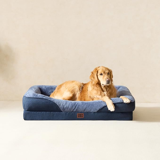 EHEYCIGA Orthopedic Dog Bed for Medium Dog, 30x20x6.5 Inch Memory Foam Dog Couch Bed with Sides, Waterproof Liner & Washable Removable Cover, Bolster Pet Sofa, Navy
