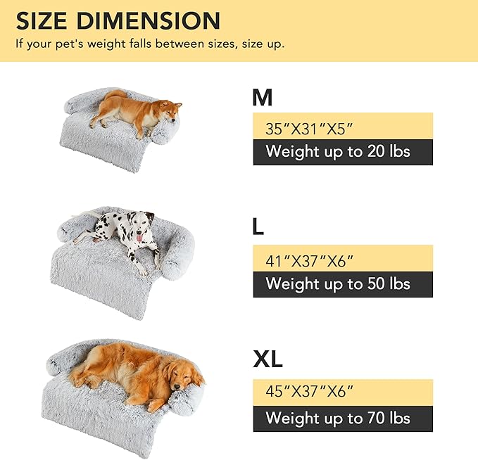 Codi Calming Dog Bed for Couch – Anti-Anxiety Sofa Protector Mat for Large Dogs, 41''x37''x6'', Machine Washable, Fluffy & Cozy with Non-Slip Bottom, Light Grey