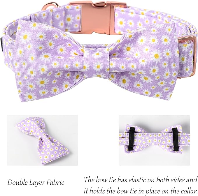 Lionet Paws Spring Dog Collar with Bowtie, Soft Comfortable Adjustable Cute Daisy Bowtie Collar for X-Large Dogs Female Gift, Neck 16-26 inches