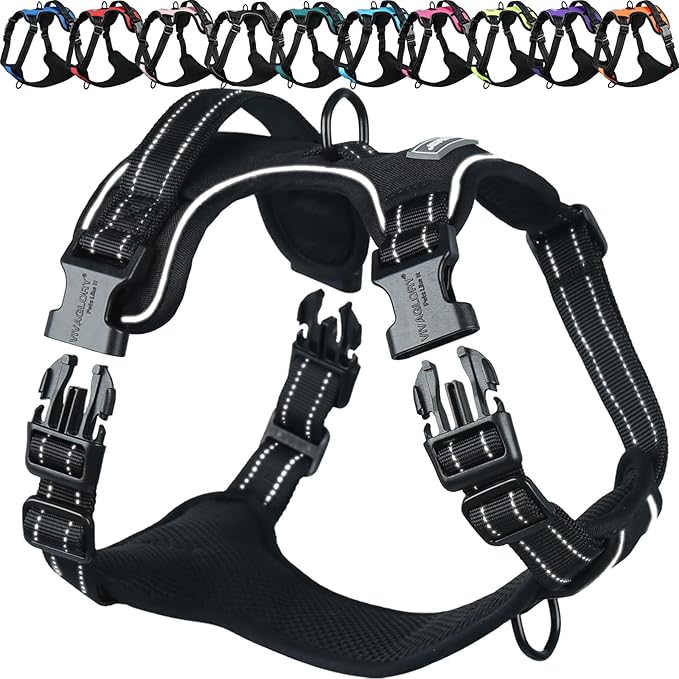 VIVAGLORY Dog Harness Easewalk No Pull Dog Harness with Handle Front Clip & Back Clip for Training Walking Lifting, No Pull Adjustable Easy On Padded Comfortable for Pet, L, Black - Plain