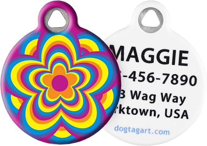 Dog Tag Art Cute Flower Custom Pet ID Tag for Dogs and Cats, Personalized Dog Tag with Customized Identification Information, Psychedelic Flower, Large (1.25" Diameter)
