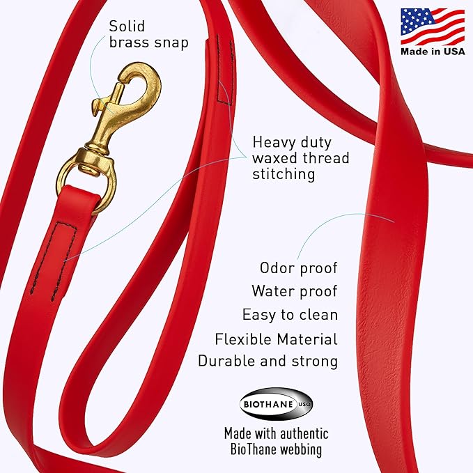 Viper Biothane K9 Working Dog Leash Waterproof Lead for Tracking Training Schutzhund Odor-Proof Long Line with Solid Brass Snap for Puppy Medium and Large Dogs, 10ft Cherry Red
