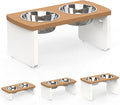 Elevated Dog Bowls, Waterproof Raised Dog Bowl for Medium Dogs, HIPS Poly Lumber Stand with 2 Stainless Steel Bowls, Indoor & Outdoor Use (7'' Tall-40 oz Bowl, Teak-White)