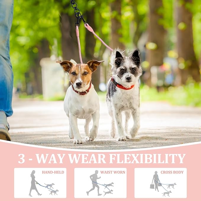 Double Dog Leash No Tangle, Adjustable Split Leads Four Pet Walking Leash with Comfortable Padded Handle for Four Dogs, Hands - Free Dual Leashes for Small/Medium Pets (Pink, Four Leashes)