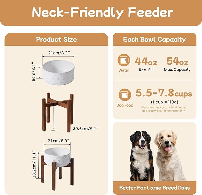 8.2inch Ceramic Raised Dog Bowl Set, Elevated Dog Bowl with Acacia Wood Stand, Food and Water Bowl for Large Breed Dogs, Weighted Pet Dishes(60oz, Arctic White)