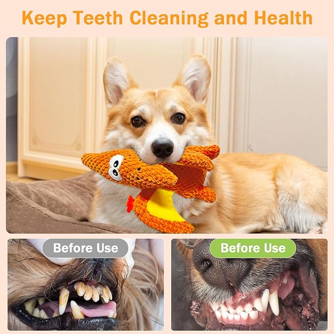 LWBMG Squeaky Dog Toys Plush Dog Toy with Crinkle Paper Dinosaur Dog Toy Stuffed Animals Chew Toy Plush Squeaky Dog Birthday Toys for Small Medium Large Dogs Orange