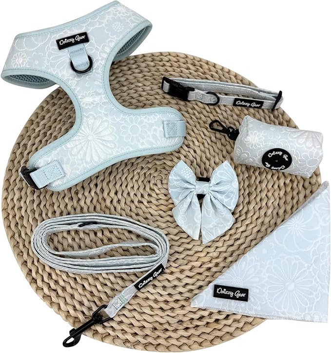 Medium Dog Collar and Harness Set – No Pull, All-Weather, Breathable Harness & Leash Set with Collar, Bandana, Sailor Bow & Poop Bag Holder – Adjustable & Soft - Divine Petals on Jacquard Fabric