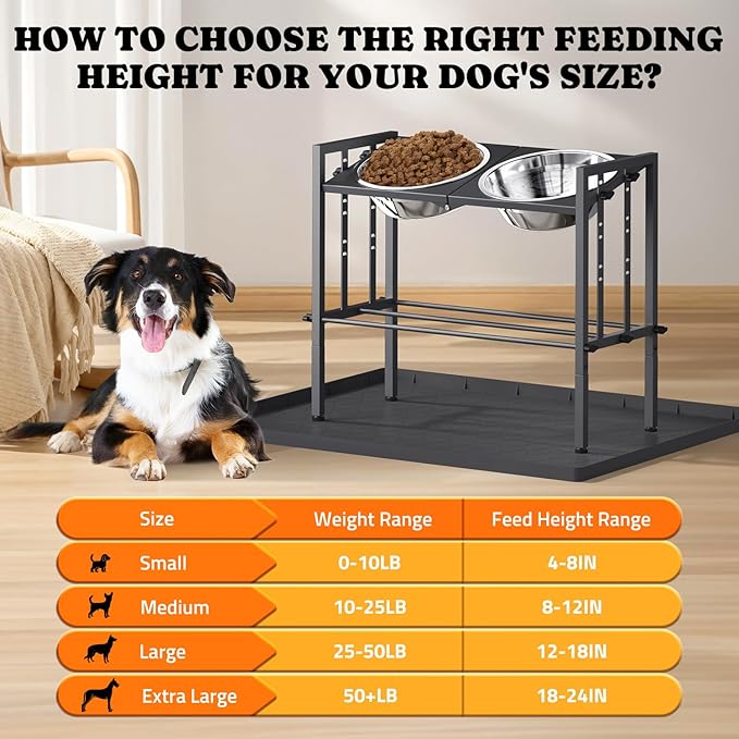 Raised Metal Dog Bowls - Large Breed, 3 Heights, Sturdy Stand for Extra Large Dogs, Black with Mat