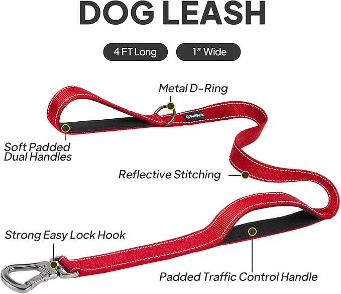PetiFine 4FT Heavy Duty Dog Leash with Soft Padded Double Handle, Durable Strong Clasp Dog Leashes, Reflective Nylon Walking Lead for Large,Medium,Small Breed Dogs, Red