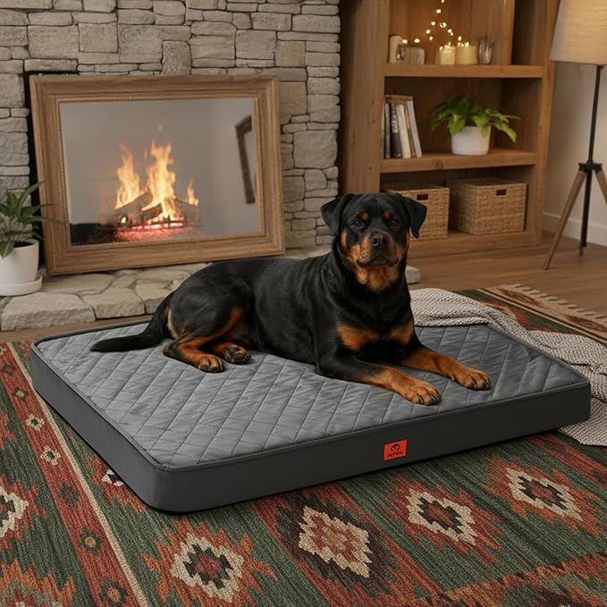Cozy Dog Bed for XXL Large Sized Dogs - Orthopedic Egg Crate Foam Pet Bed with Waterproof & Machine Washable & Non-Slip Bottom, Ideal for Crate and Indoor Use, 47x29 Inch, up to 100 lbs, Dark Grey