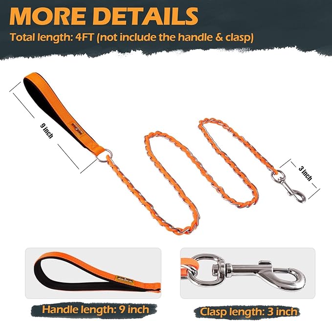 Chain Dog Leash Chew Proof Metal Leash for Medium Large Dogs, Chain Link Dog Anti Chew 5.2FT / 4FT Strong Anti Bite Comfortable Soft Padded Handle (Orange, 4FT(5-30lb))