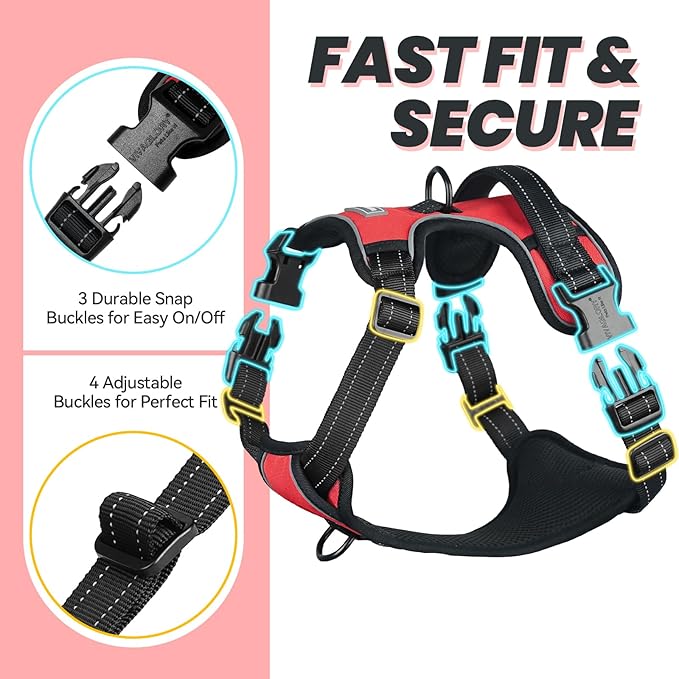 VIVAGLORY Dog Harness Easewalk No Pull Dog Harness with Handle Front Clip & Back Clip for Training Walking Lifting, No Pull Adjustable Easy On Padded Comfortable for Pet, M, Red - Plain