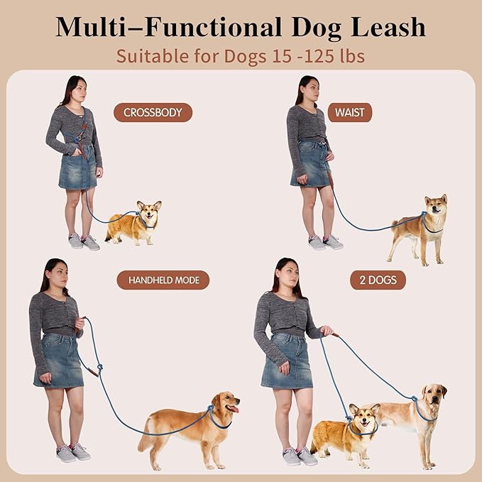 Tails & Tales Hands Free Dog Leash for Walking Running Training, Adjustable Lead Up to 9.8ft, Dogs Up to 125lbs, Crossbody, Dual Handle, Multifunctional, Double Attachment for 2 Dogs (Tapestry Blue)