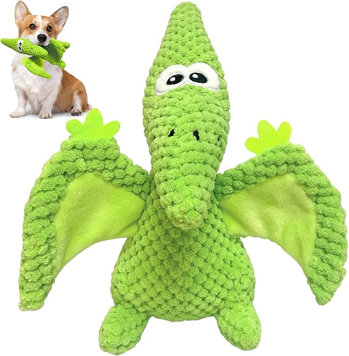 LWBMG Squeaky Dog Toys Plush Dog Toy with Crinkle Paper Dinosaur Dog Toy Stuffed Animals Chew Toy Plush Squeaky Dog Birthday Toys for Small Medium Large Dogs Green
