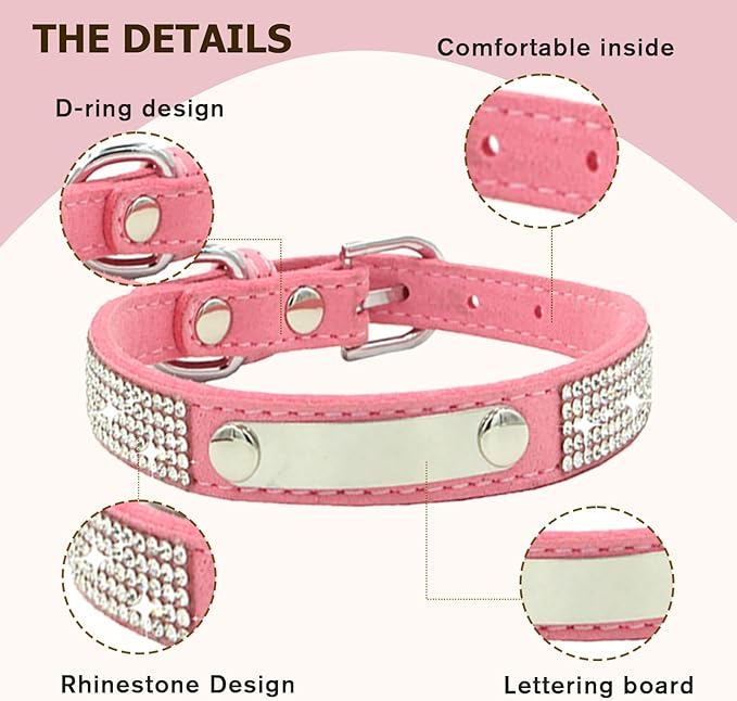 Personalized Dog Collar with Rhinestone Name Tag - Glitter Polyester Collar Adjustable [Pink,L]