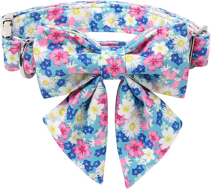 Lionet Paws Floral Dog Collar with Sailor Bow, Spring Wildflowers Daisy Forget Me Not Dog Collar Bow Tie for Large Dogs, Neck 16-24 inches