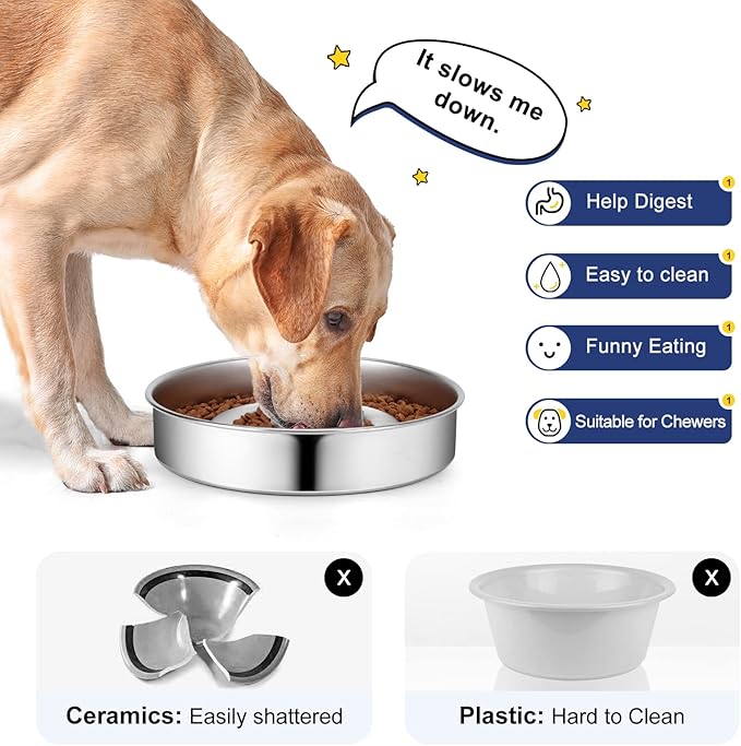 Stainless Steel Non Slip Slow Feeder Dog Bowl, 4 Cups Metal Dog Food Bowls for Medium and Large Dogs, Fun Bloat Stop Pet Bowl Dogs Water Bowl for Fast Eaters, Slows Down Pets Eating