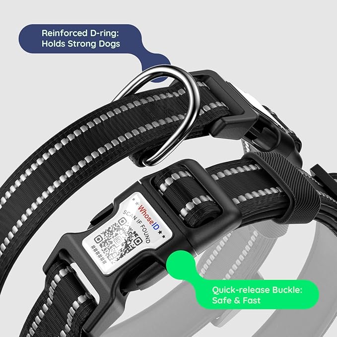 Airtag Dog Collar, Reflective Ultra-Durable Nylon Padded with QR Code Buckle & IP68 Waterproof Air Tag Holder Compatible for Apple AirTag, Comfortable for Small Medium Large Dogs(Black,M)