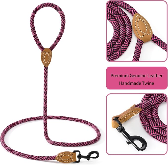 Mile High Life Rope Leash with Genuine Leather Connection, 6 FT/5 FT/4 FT, Heavy Duty Leash for Medium & Large Dogs (Hot Pink, 72 Inch)