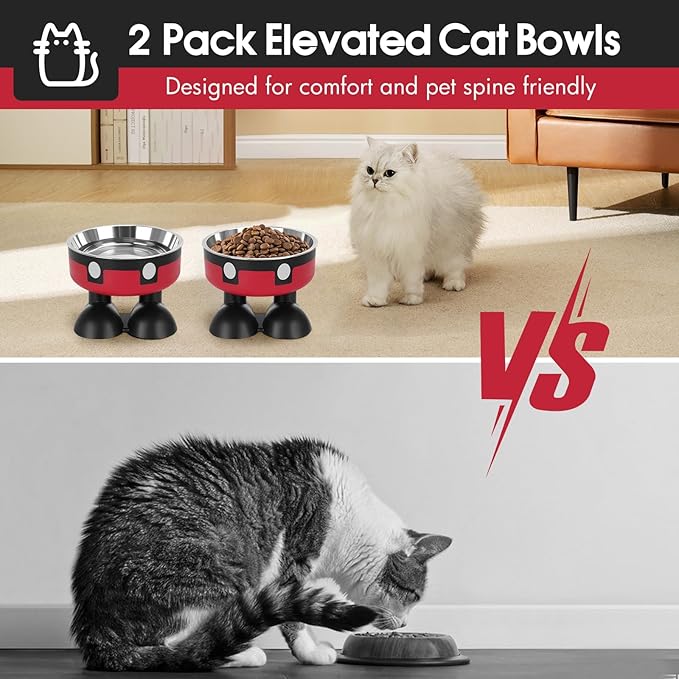 Elevated Cat Food Water Bowls,2 Pack Raised Cat Dog Bowls with Stand,Stainless Steel Cute Cat Dishes for Cats Dogs Kitten Puppies Small Pets Feeding Non-Slip Base