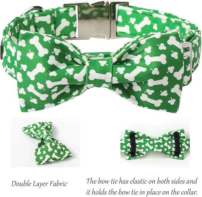 Lionet Paws St. Patrick Green Dog Collar, Bone Dog Collar for Large Dogs, Adjustable Cotton Clover Pet Collars for Large Dogs