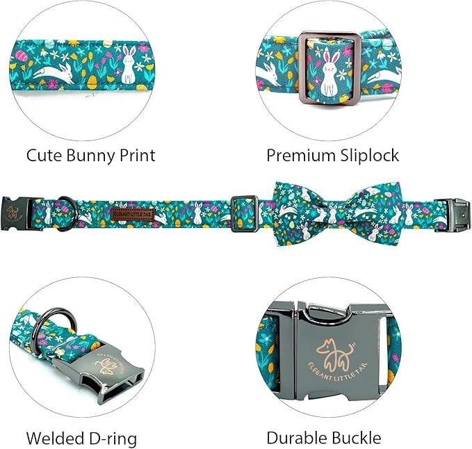 Elegant little tail Easter Dog Collar, Bunny Print Puppy Collar with Bow Girl Boy Pet Collar Bowtie Spring Holiday Pet Collar Adjustable Dog Collar for X-Large Dogs