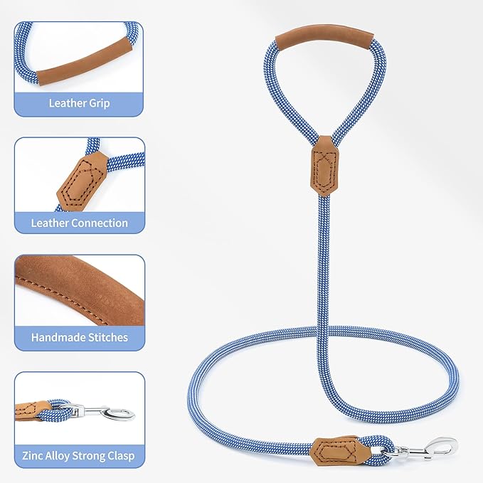 Mile High Life | Premium Leather Dog Leash | Strong Rope Leash | Leather Handle | Zinc Alloy Strong Clasp | Small Medium Large Dogs | 4/5/6 Feet(Blue White, 72 Inch (Pack of 1))