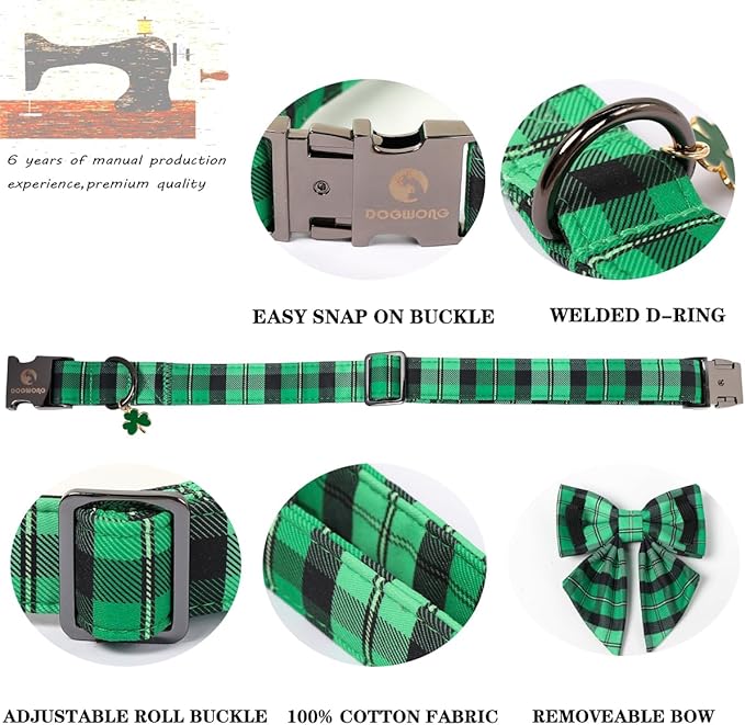 DOGWONG St. Patrick's Day Dog Collar with Sailor Bowtie, Green Plaid Bowtie Dog Collar for Small Medium Large Dogs,XL